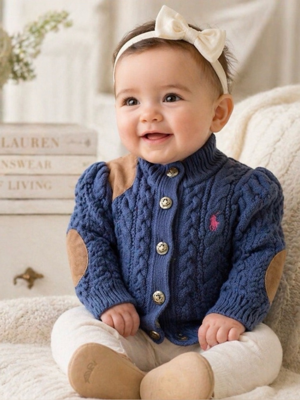 Ralph Lauren Baby Girl Cable Knit Sweater 9M Blue Elbow Patch Pink Pony Classic